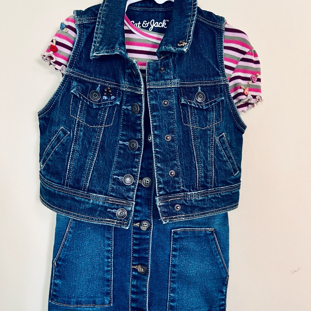 Cute matching set of jean sweater, dress, a shirt underneath, hand sewn decor.